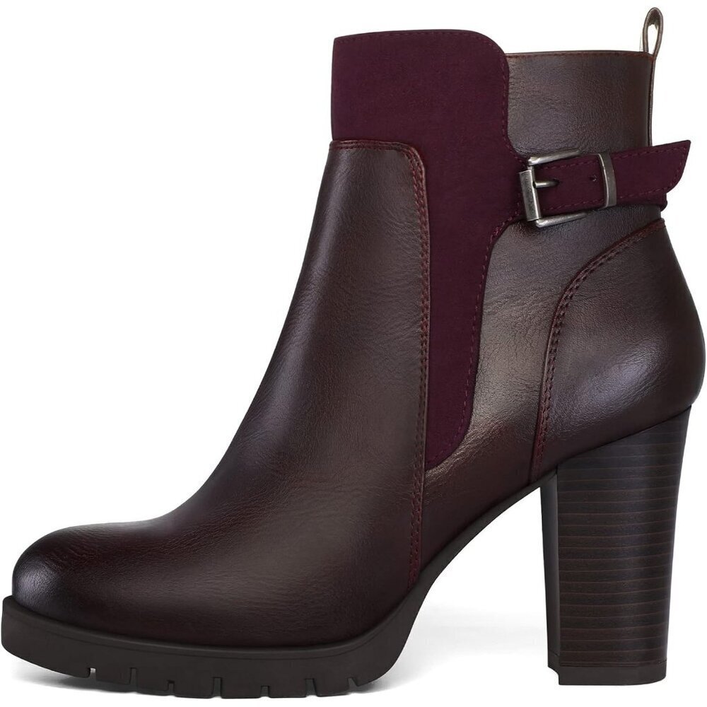 Women's Burgundy Mysoft Ankle Boots Stacked Heel Zipper Booties in Wide Sizes